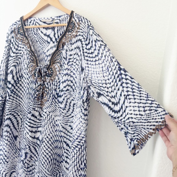 Soft Surroundings South Beach Beaded Tunic Navy and white - Picture 4 of 8